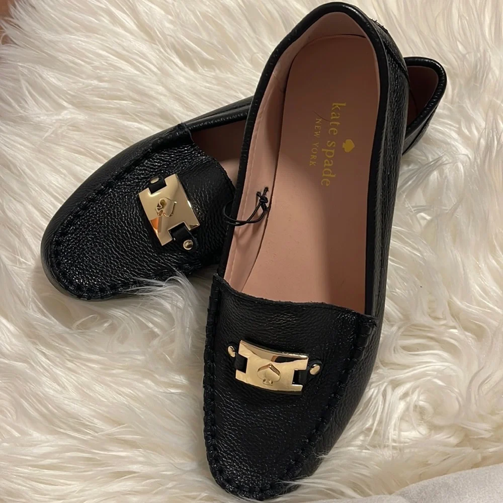 Kate Spade Black Carmen Loafers with Gold Accents - Picture 1 of 2
